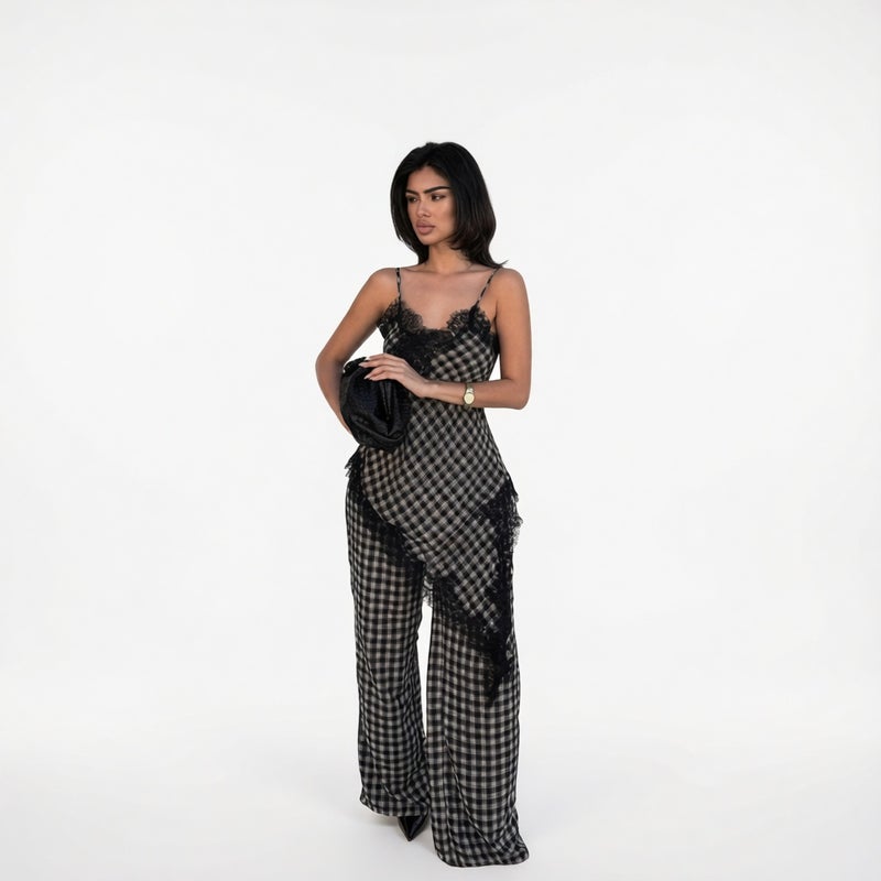 Women's Lace Trim Plaid Patchwork Irregular Jumpsuit - Image 1