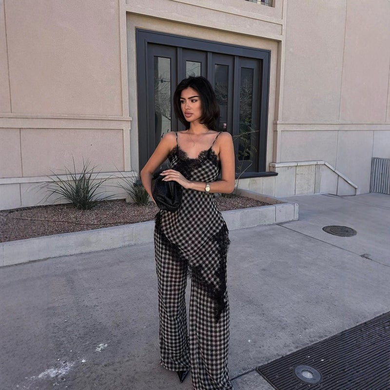 Women's Lace Trim Plaid Patchwork Irregular Jumpsuit - Image 2