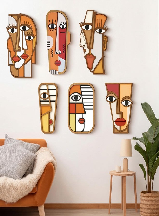 Novabright 6 Pcs Abstract Wood Wall Art Decor Minimalism Face Home Wall Sculptures Mid Century Line Mask Home Decor for Living Room Bedroom Bathroom Room - Image 1