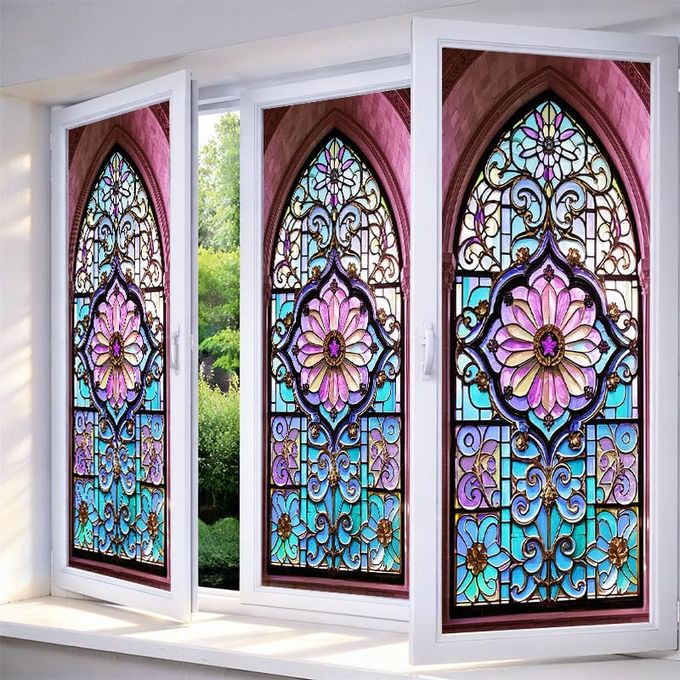 IVN Floral Stained Glass Window Film 17.7x39.3 Inch Privacy Static Cling Decal for Home and Office Sun Blocking Decor for Windows and Glass Partitions - Image 1
