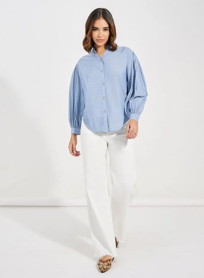 ستايلي Solid Cotton Chambray Stand Collar Shirt