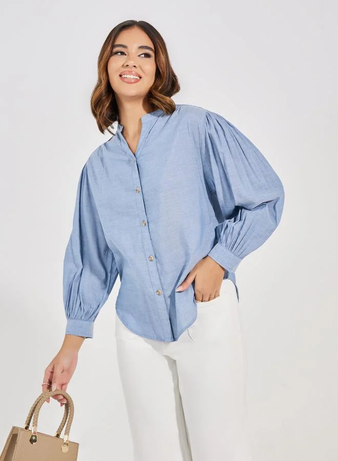 ستايلي Solid Cotton Chambray Stand Collar Shirt