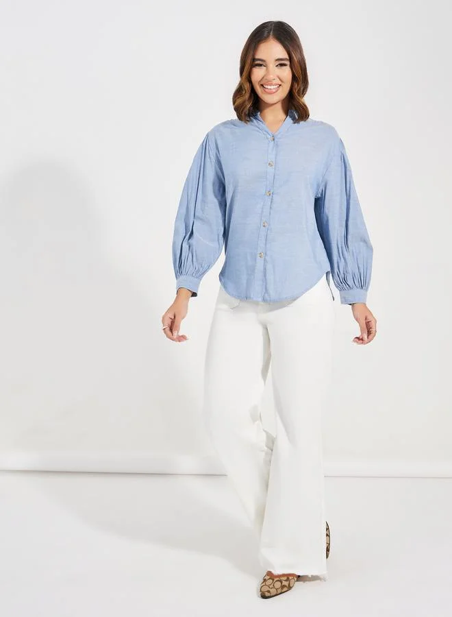 ستايلي Solid Cotton Chambray Stand Collar Shirt