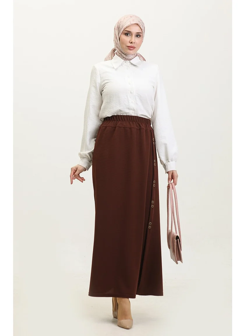 Sefa Merve Plus Size Button Detail Skirt 4206-02 Tobacco