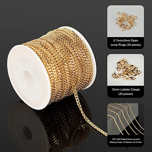 YOUBEIYEE 32.8 Feet Curb Cuban Chain for Jewelry Making, 18K Gold Plated Brass Chain Roll with Open Jump Rings and Lobster Clasps Necklace Bracelet DIY Jewelry Chains Bulk - Image 2
