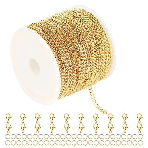 YOUBEIYEE 32.8 Feet Curb Cuban Chain for Jewelry Making, 18K Gold Plated Brass Chain Roll with Open Jump Rings and Lobster Clasps Necklace Bracelet DIY Jewelry Chains Bulk - Image 1