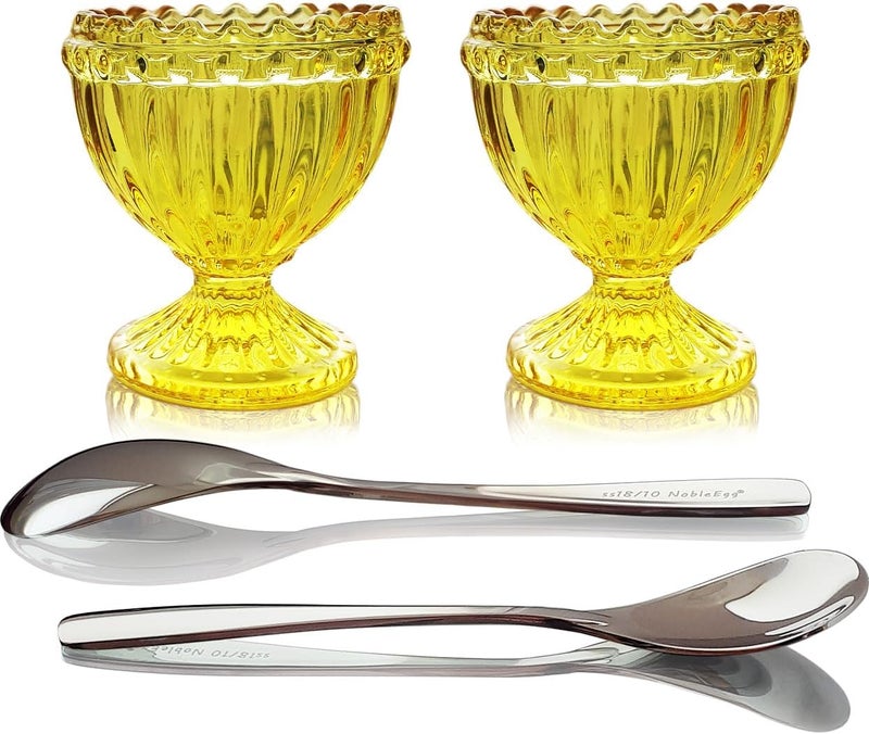Glass Egg Cups for Soft Boiled Eggs | Egg Spoons | Vintage Style | Yellow, 2