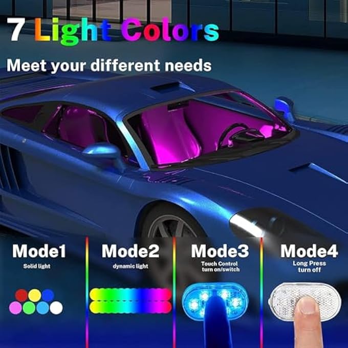 GraGra 4Pcs Wireless Led Lights For Car Interior 7 Colors Led Closet Light Wireless Touch Light 7 Colors Interior Car Lights Usb Rechargeable Automotive Neon Accent Light Kits - Image 4