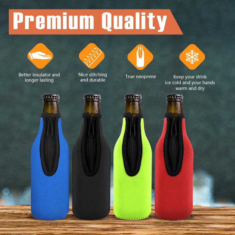 TOPOKO Beer Bottle Insulator Sleeve Different Color. Zip-up Bottle Jackets. Keeps Beer Cold and Hands Warm. Classic Extra Thick Neoprene with Stitched Fabric Edges, Enclosed Bottom (set of 12 color) - Image 2