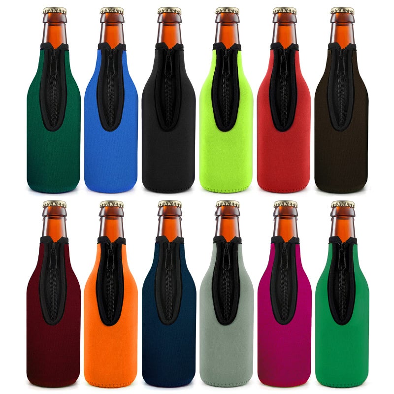 TOPOKO Beer Bottle Insulator Sleeve Different Color. Zip-up Bottle Jackets. Keeps Beer Cold and Hands Warm. Classic Extra Thick Neoprene with Stitched Fabric Edges, Enclosed Bottom (set of 12 color) - Image 1
