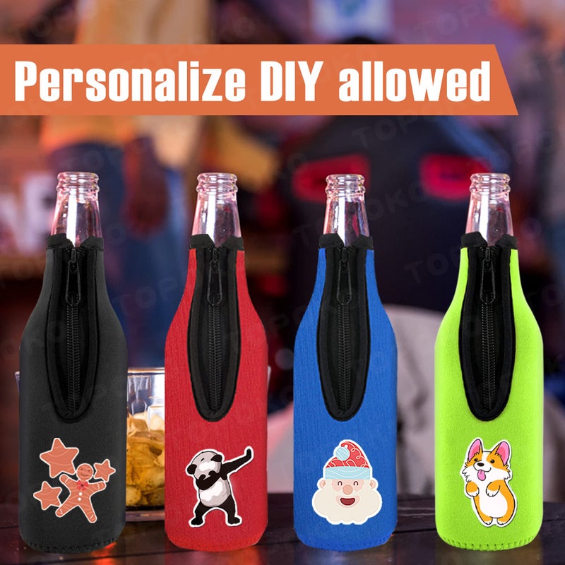 TOPOKO Beer Bottle Insulator Sleeve Different Color. Zip-up Bottle Jackets. Keeps Beer Cold and Hands Warm. Classic Extra Thick Neoprene with Stitched Fabric Edges, Enclosed Bottom (set of 12 color) - Image 3