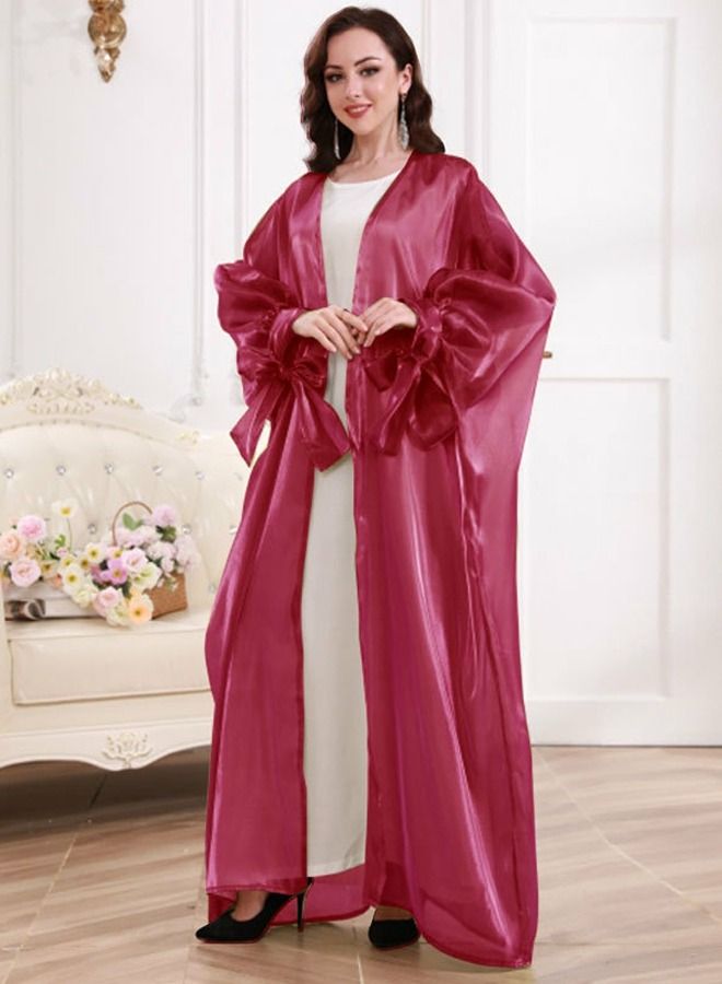 Loquat Women's Solid Color Puff Sleeve Abaya Elegant Long Cardigan Wine Red 