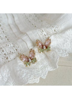 Gradual Crystal Butterfly Stud Earrings 28#silver needle-pink-green (real gold plating)