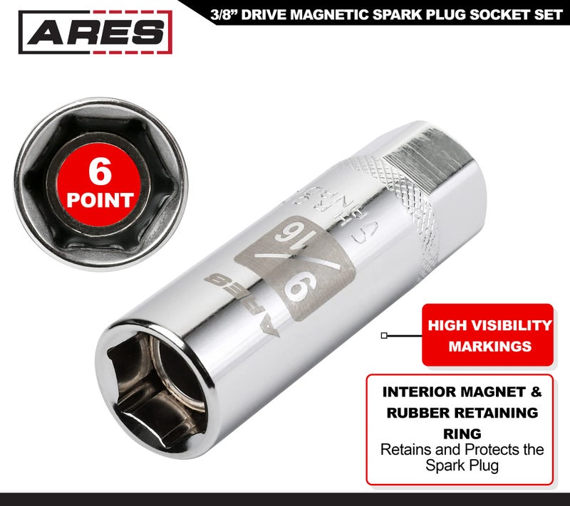 ARES 11016-5-Piece Magnetic Spark Plug Socket Set - Includes 14mm and 16mm Thin Wall Sockets and 9/16-inch, 5/8-inch, and 13/16-inch Sockets - Convenient Reusable Storage Rail Included - Image 3