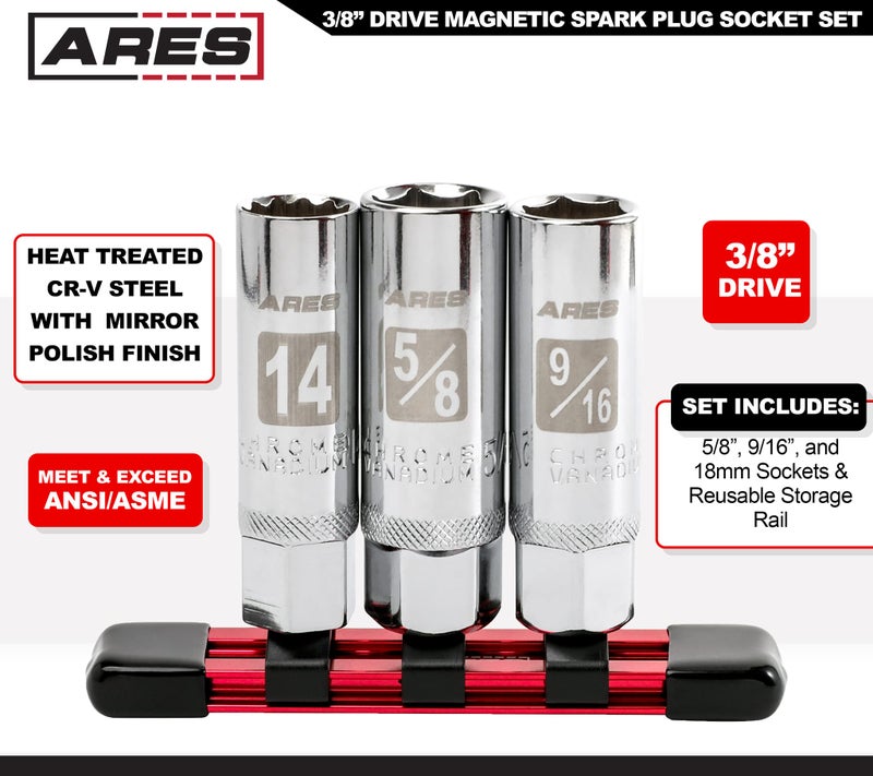 ARES 11016-5-Piece Magnetic Spark Plug Socket Set - Includes 14mm and 16mm Thin Wall Sockets and 9/16-inch, 5/8-inch, and 13/16-inch Sockets - Convenient Reusable Storage Rail Included - Image 2