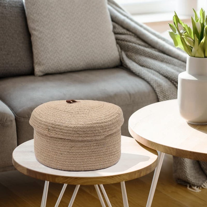 pepme Jute Round Storage Basket with Lid 9x9 inches beige  - Image 1