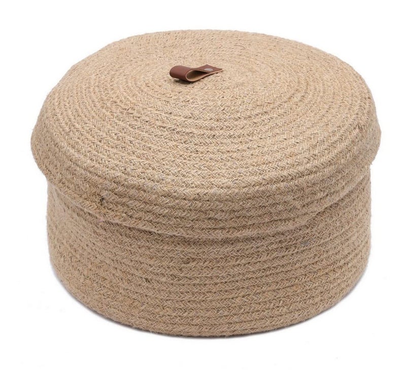 pepme Jute Round Storage Basket with Lid 9x9 inches beige  - Image 2