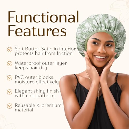 Yanibest Shower Cap for Women - Hair Satin Bonnet Shower Cap for Women Waterproof Extra Large Double Layer Reusable Adjustable for Braids Long Hair - Image 4