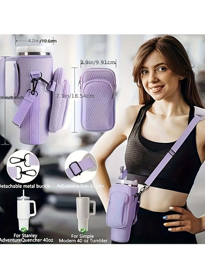 EVEREEN 2 in 1 Water Bottle Holder with Pouch Pocket for Stanley 40 oz Tumbler, Water Bottle Carrier Bag for Stanley Cup Accessories, Water Bottle Sling Bag with Large Pouch & Strap for Phone, Cards, Key,3D Diamond Embossing  - Image 2
