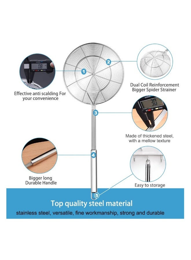 Large Stainless Steel Spider Strainer Skimmer | 7.8 Inch Basket for Frying and Cooking | Long Handle Kitchen Utensil for Draining and Straining  - Image 2