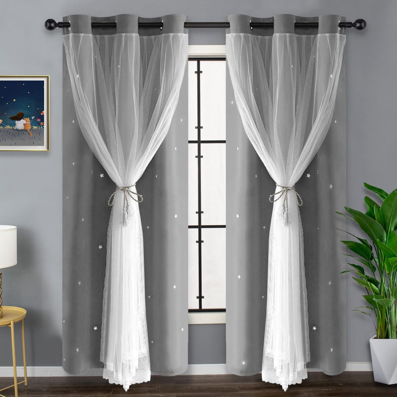 Kinryb Star CutOut Grey Blackout Curtains Heavy Duty Double Layer Blackout Curtain with White Lace Sheer for Nursery Thermal Insulated Drape for Nursery Room 42 W x 72 L Grey 2 Panels