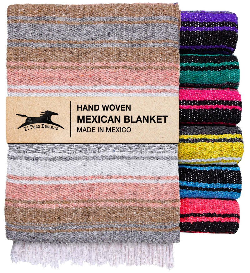El Paso Designs Mexican Yoga Blanket - Colorful Falsa Serape Throw for Yoga, Beach, Picnic, Saddle, or Home Décor - Soft Woven Boho Blanket (Champagne) - Image 1