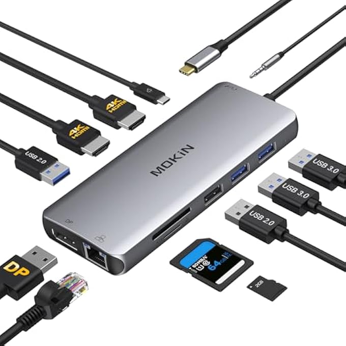 Mokin USB C DOCKING STATION 3 MONITORS,USB C HUB WITH 2 HDMI, DISPLAYPORT, 100W PD, 4 *USB, GIGABIT ETHERNET, SD/TF CARD READER, AUDIO PORT,MULTIPORT ADAPTER FOR LAPTOPS,HP, DELL, LENOVO, SURFACE - Image 1