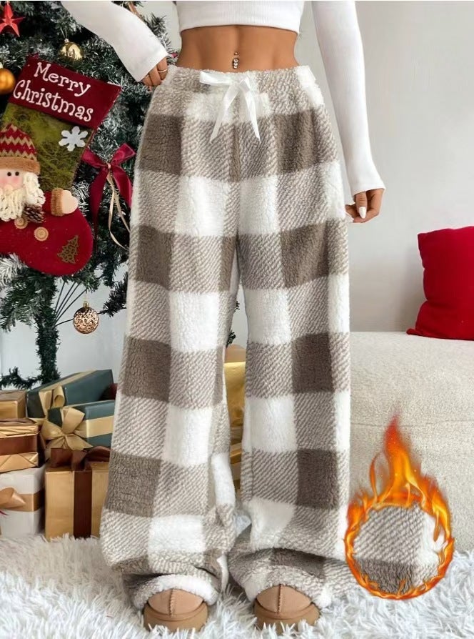 In-Stock Models Thick Plaid Casual Fashion Loose Wide-Leg Plush Pajama Pants - Image 1