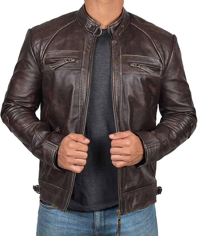 fjackets Real Lambskin Leather Biker Jacket — Quilted Cafe Racer Zip Up Moto Mens Biker Jacket | [1100115] Johnson Ruboff, XL - Image 1