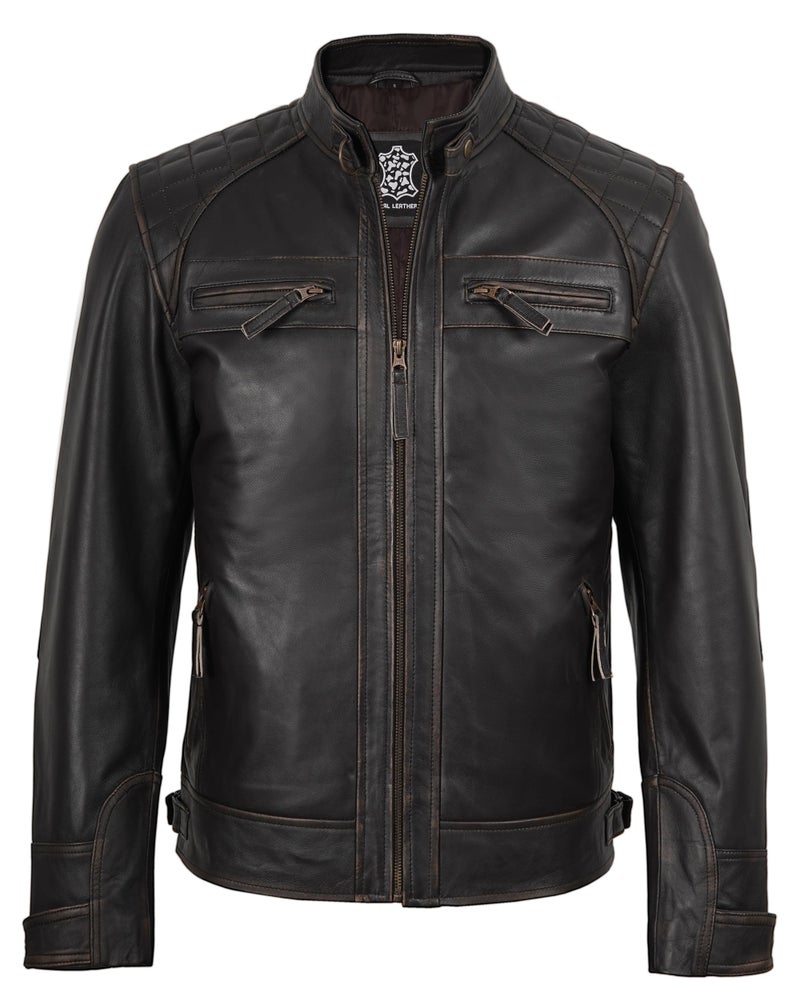 fjackets Real Lambskin Leather Biker Jacket — Quilted Cafe Racer Zip Up Moto Mens Biker Jacket | [1100115] Johnson Ruboff, XL - Image 4