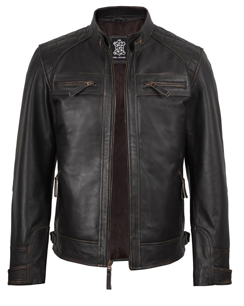 fjackets Real Lambskin Leather Biker Jacket — Quilted Cafe Racer Zip Up Moto Mens Biker Jacket | [1100115] Johnson Ruboff, XL - Image 3