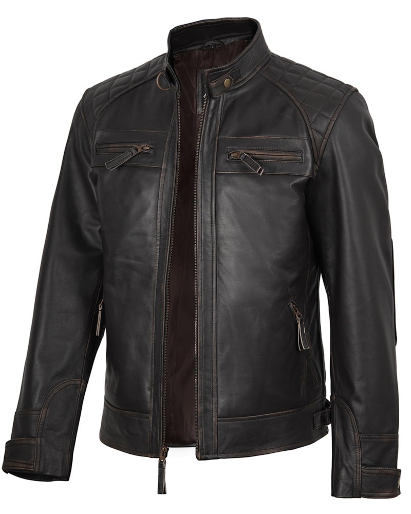 fjackets Real Lambskin Leather Biker Jacket — Quilted Cafe Racer Zip Up Moto Mens Biker Jacket | [1100115] Johnson Ruboff, XL - Image 2
