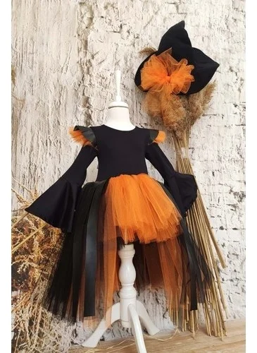 Shecco Babba Halloween Black Leather Detailed Witch Girl Dress and Witch Hat, Girls Halloween Dress