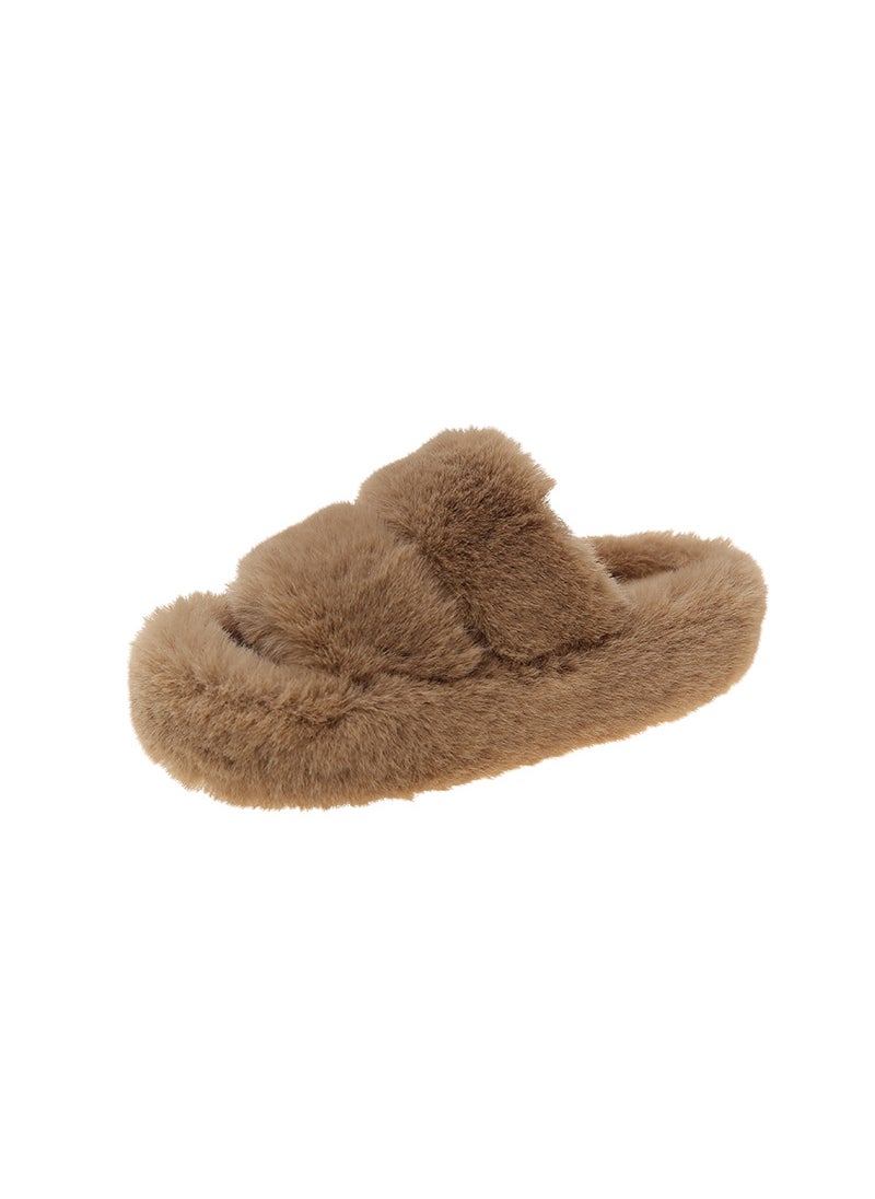 Generic Womens Thick-Soled Slippers Double Row Inner Warm Plush Slippers 2024 Korean Style Autumn/Winter Fur Slippers Rubber Upper Khaki 