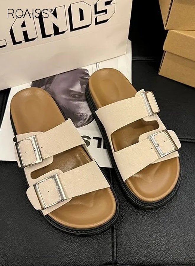 رويس أحذية بيركنستوك النسائية المسطحة، صنادل بيركنستوك الفرنسية الكاجوال، أحذية شاطئ كورية متعددة الاستخدامات، صنادل منزلقة مريحة، لون بيج - Image 1