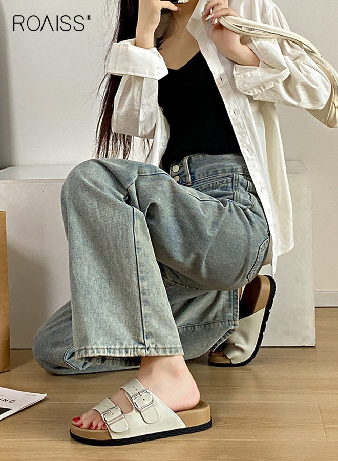 رويس أحذية بيركنستوك النسائية المسطحة، صنادل بيركنستوك الفرنسية الكاجوال، أحذية شاطئ كورية متعددة الاستخدامات، صنادل منزلقة مريحة، لون بيج - Image 2