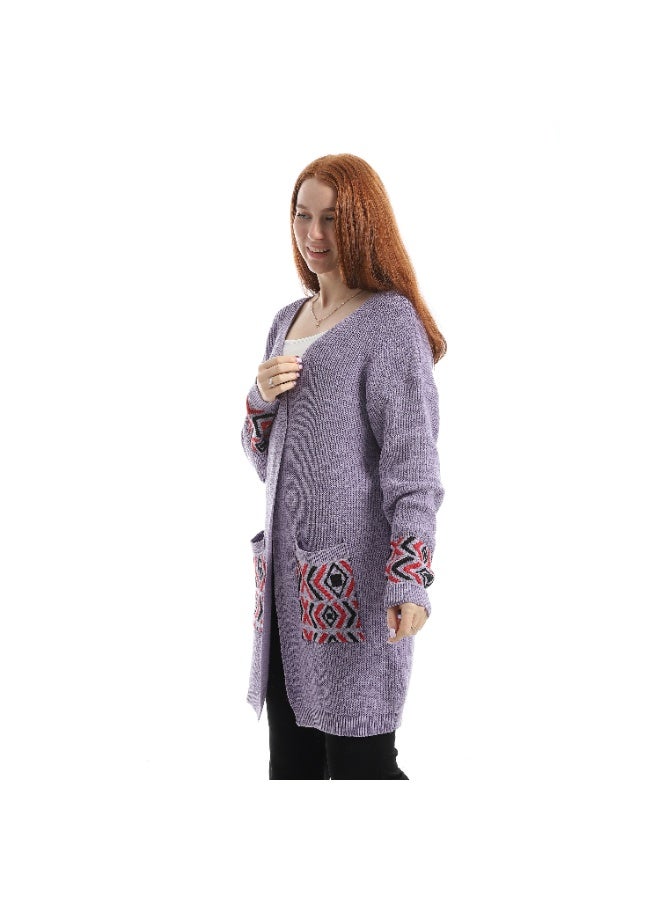 Caesar Women's long wool cardigan with a pattern on the pocket - Image 2