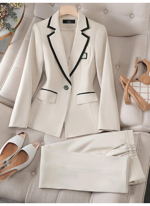 Elegant Formal Womens Suit Pants Set Autumn Winter New Fashion Polyester Long Pants No Sleeve Princess Sleeve Other Apricot 2 Piece Set