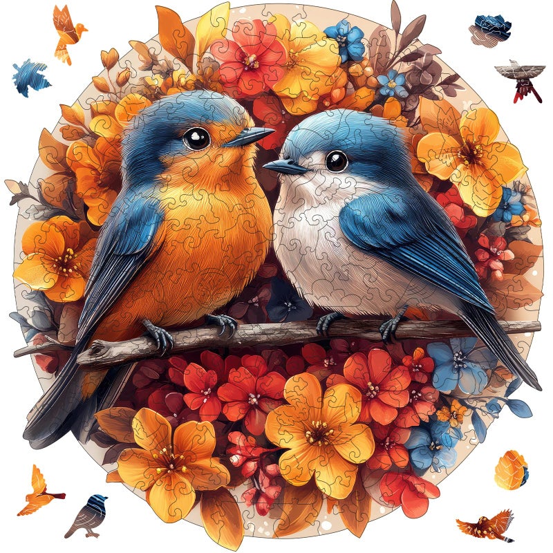 Mys Aurora Wooden Puzzles for Adults Robin Bird Couple Jigsaw Puzzles 500 Pieces 162 x 165 Inch Royal Unique Shaped Round Blue Birds Puzzles for Adults and Kids Family Game - Image 3