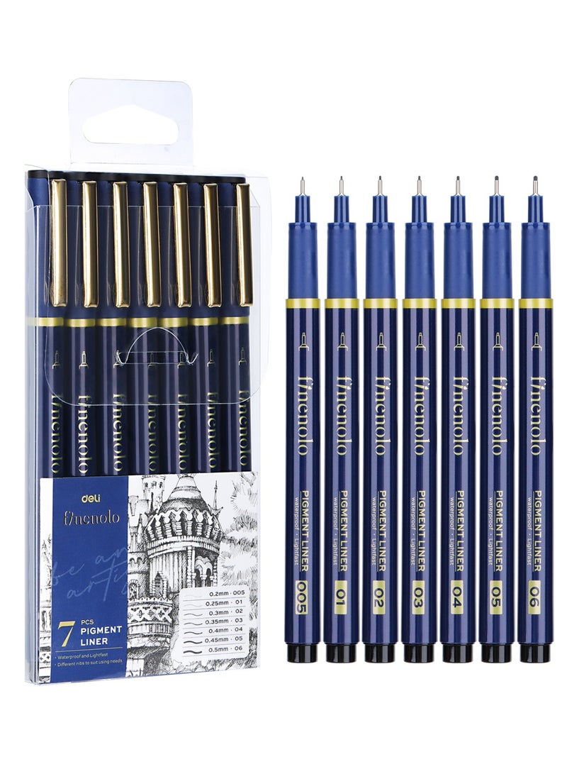 Deli 7-Piece Finelolo Pigment Liner Black Ink Assorted Tip Sizes - Image 1