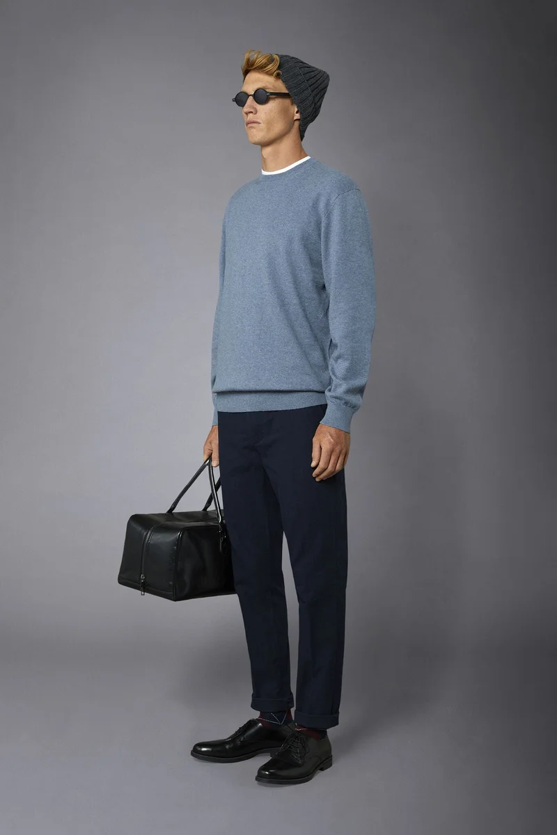دوبل غانغر Men's roundneck wool and cotton sweater - Steel