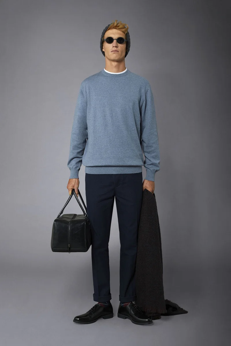 Men's roundneck wool and cotton sweater - Steel