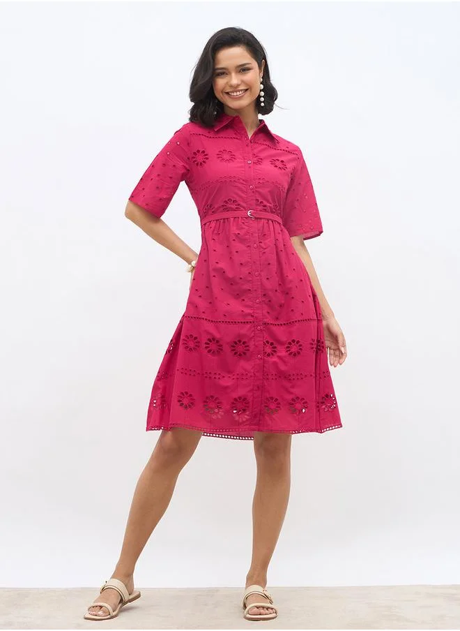 Styli Styli Schiffli Short Sleeves Shirt Mini Dress