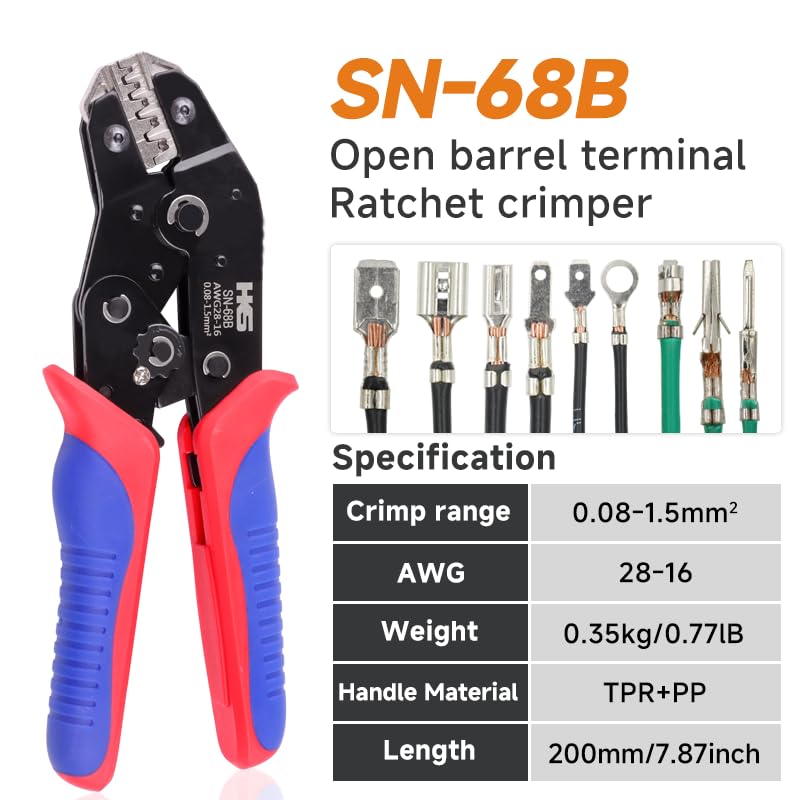 HKS SN-68B Open Barrel Crimping Tool, 28–16 AWG (0.08–1.5mm²) Ratcheting Wire Crimper for JST-SH/GH/ZH/PH/XH/SM, Dupont, Molex, TE, PCIE, SATA Terminals - Image 2