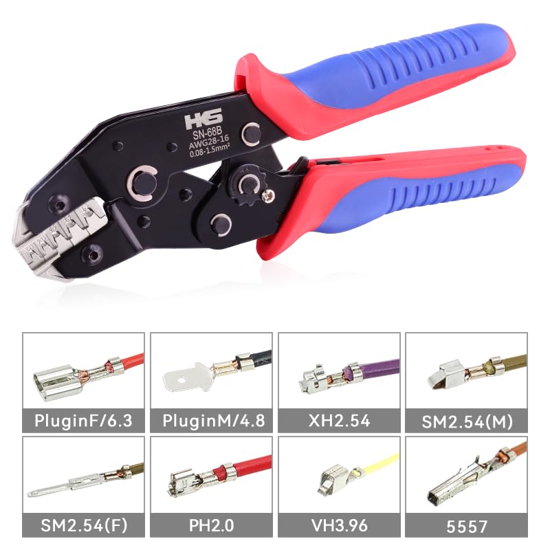 HKS SN-68B Open Barrel Crimping Tool, 28–16 AWG (0.08–1.5mm²) Ratcheting Wire Crimper for JST-SH/GH/ZH/PH/XH/SM, Dupont, Molex, TE, PCIE, SATA Terminals - Image 4
