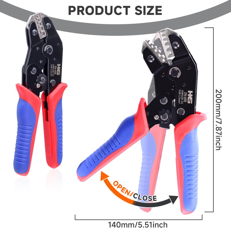 HKS SN-68B Open Barrel Crimping Tool, 28–16 AWG (0.08–1.5mm²) Ratcheting Wire Crimper for JST-SH/GH/ZH/PH/XH/SM, Dupont, Molex, TE, PCIE, SATA Terminals - Image 5
