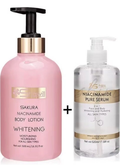 Ashley Shine Niacinamide Pure Serum 2 in 1 Face & Body Whitening and Hydrating Skin 520ml AND SHAWILL SAKURA NIACINAMIDE BODY LOTION WHITENING 500ML