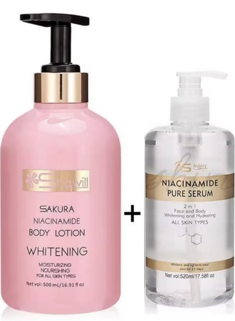 آشلي مصل أشلي شاين نياسيناميد النقي 2 في 1 لتبييض وترطيب الوجه والجسم 520 مل وشويل ساكورا نياسيناميد لوشن تبييض الجسم 500 مل - Image 1