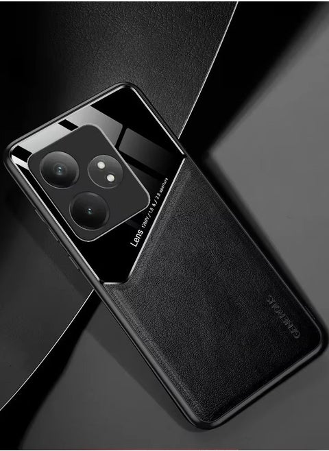 Case Compatible With Realme Gt6/Gt6 Pro/Gt Neo6/Gt Neo 6 Se, Cover Luxury Leather And Glass With Car Magnetic Holder Phone Cover Soft Frame Silicone - Black