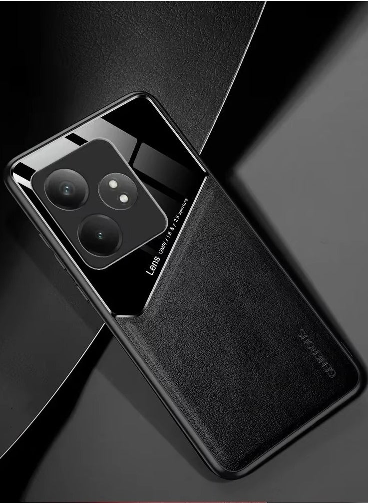 Generic - Case Compatible With Realme Gt6/Gt6 Pro/Gt Neo6/Gt Neo 6 Se, Cover Luxury Leather And Glass With Car Magnetic Holder Phone Cover Soft Frame Silicone - Black - Image 1